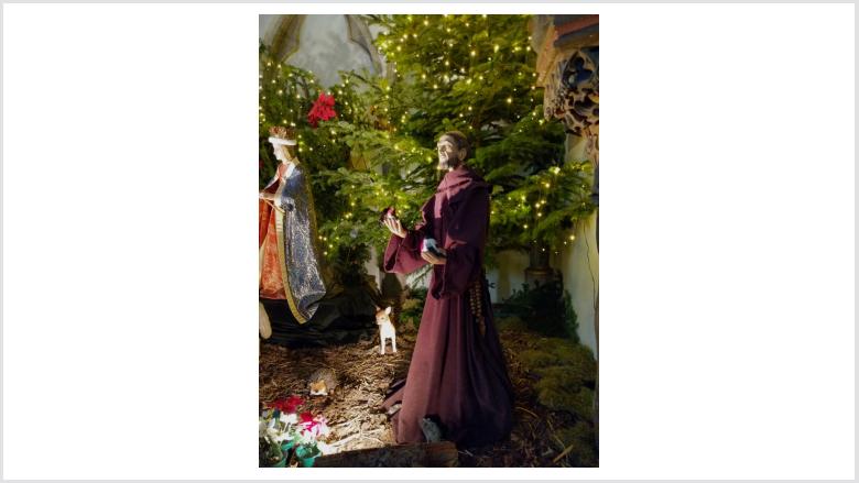Franziskus spielt die Szene von Bethlehem in der Einsiedelei in Greccio/Italien Anfang des 13. Jahrhundert